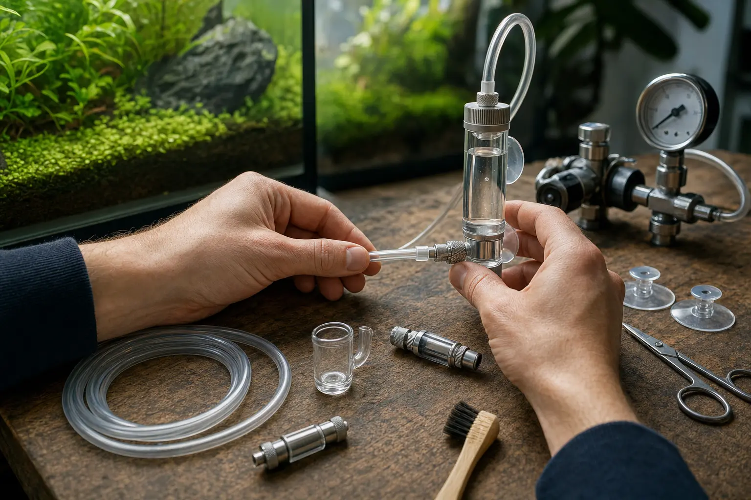 CO2-Schläuche, Rückschlagventile und Blasenzähler werden auf einer Werkbank kontrolliert